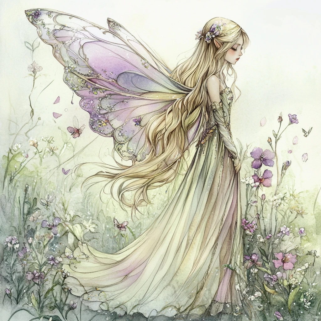 絲滑金髮仙子穿著飄逸粉彩長裙與鮮花