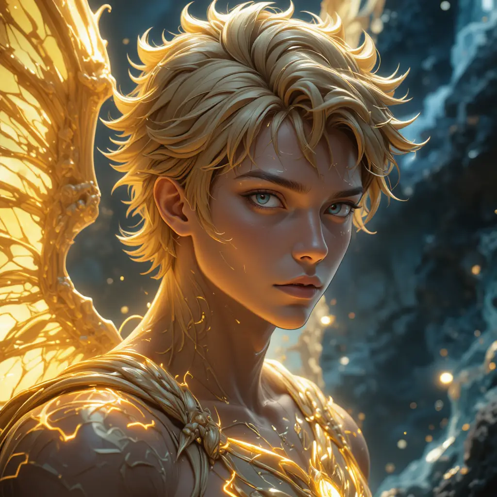 Golden winged youth god of creation in radiant light