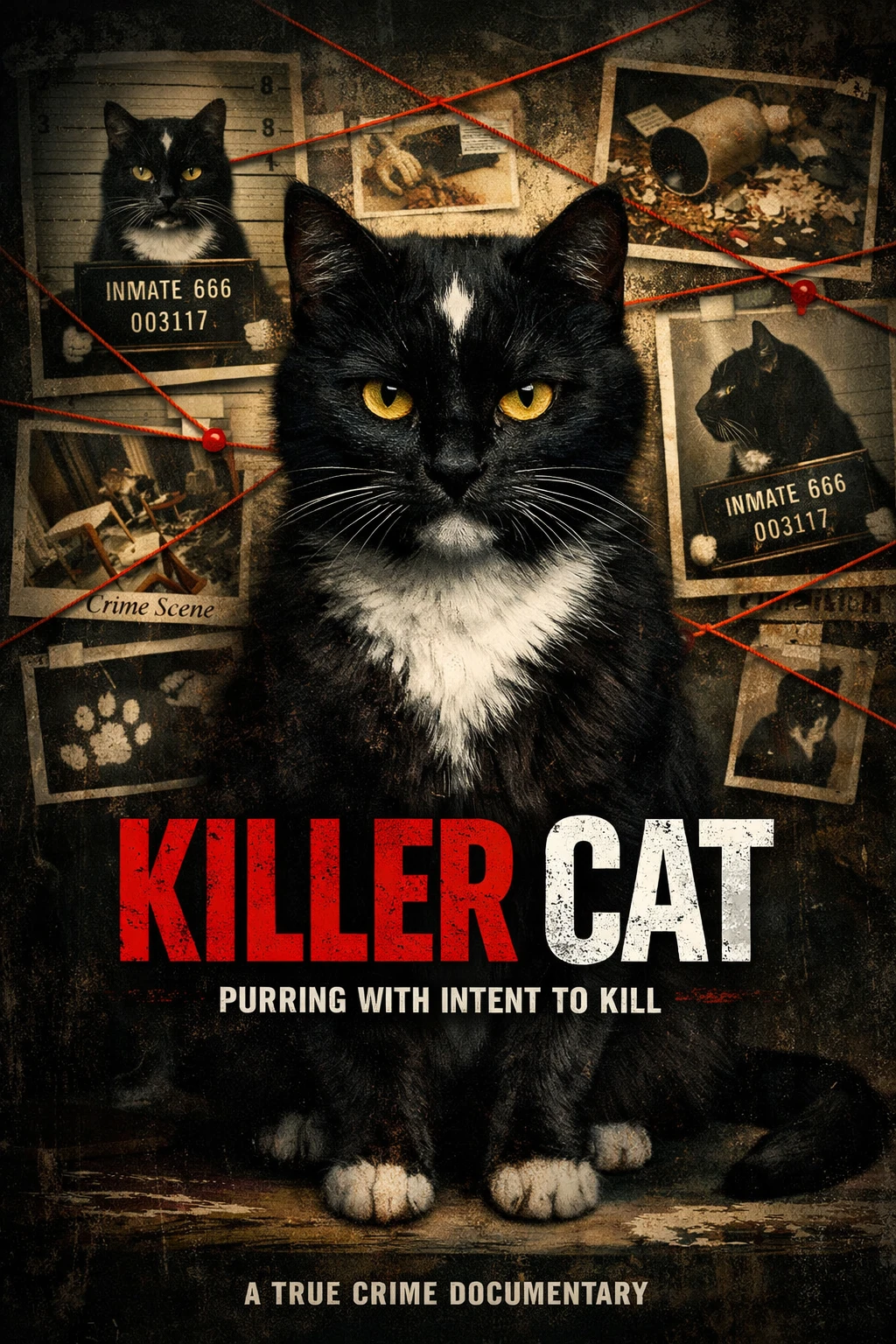 Póster cinematográfico de crimen con un notorio gato negro doméstico