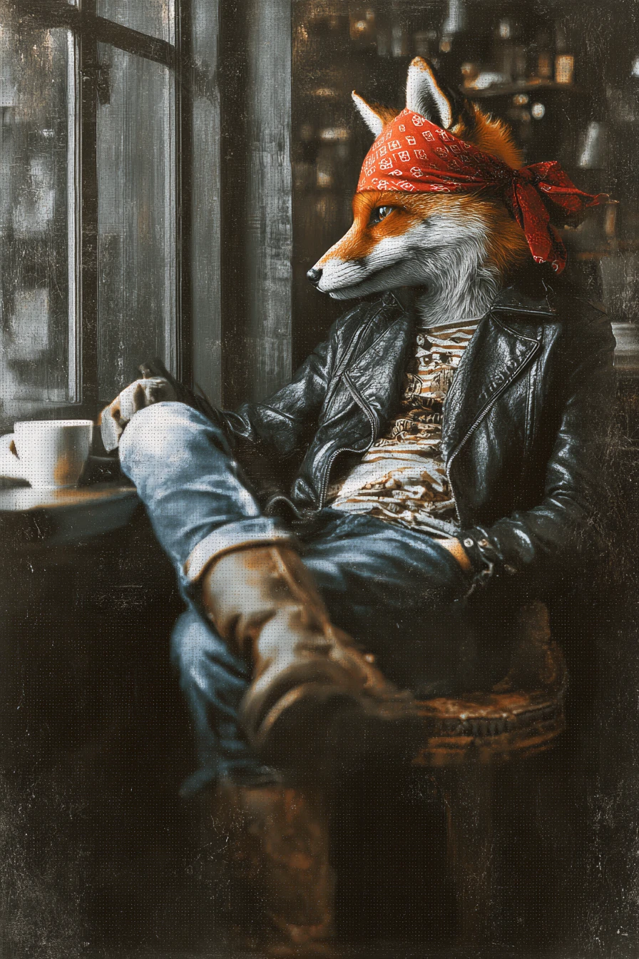 Zorro con estilo bebiendo café en una moderna cafetería en un día lluvioso
