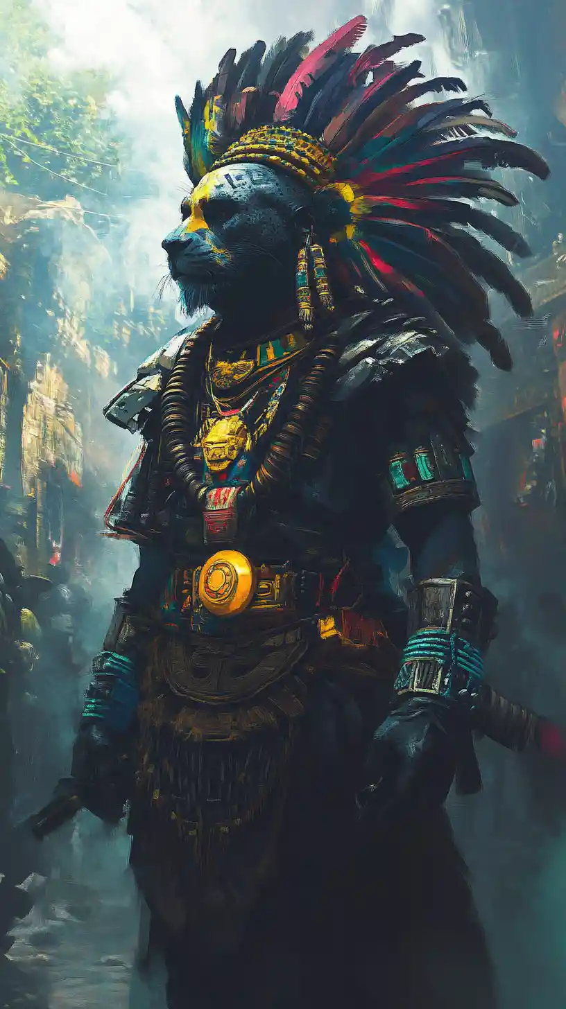 Avatar mítico de león maya elevándose en un reino de fantasía