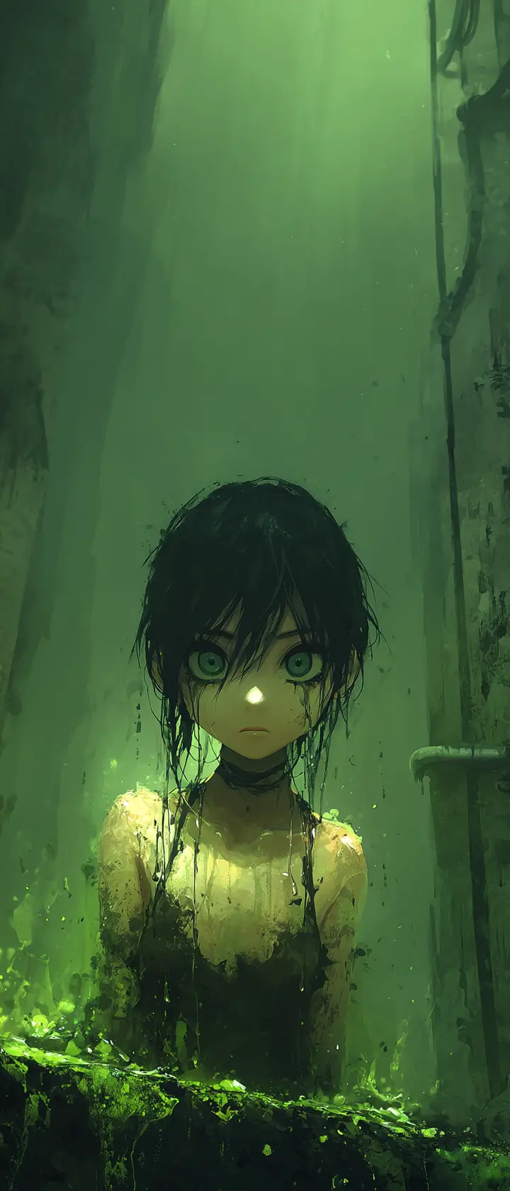 Anime girl rising from toxic sludge in industrial ruins