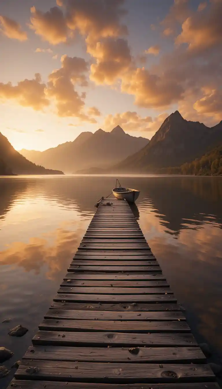 Verwitterter Steg, der in einen ruhigen Bergsee bei Sonnenuntergang führt