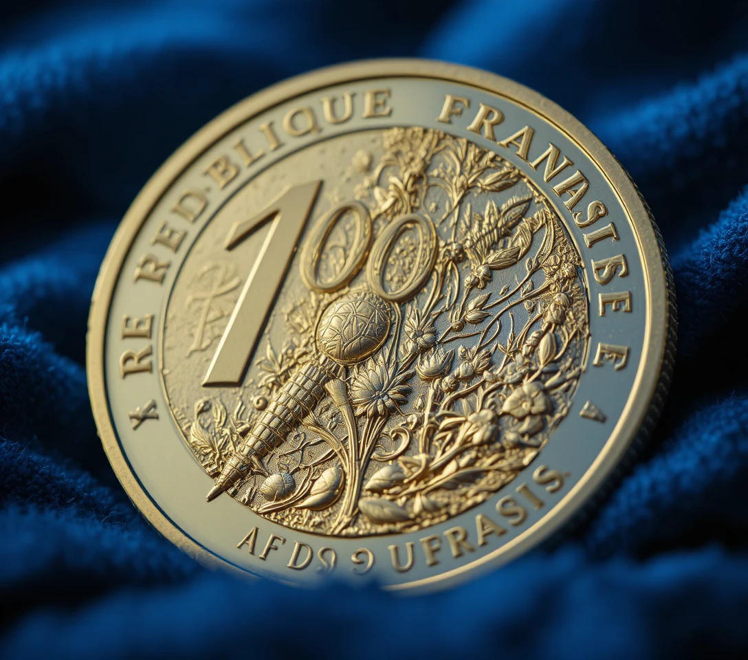 Macro studio view of a detailed gold 1000 euro coin