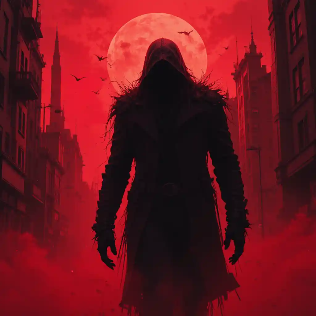 Shadowy figure crossing a city under a red blood moon