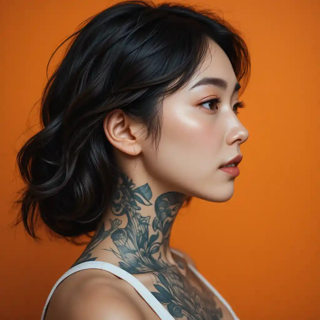 Retrato de perfil de una mujer tatuada sobre fondo naranja