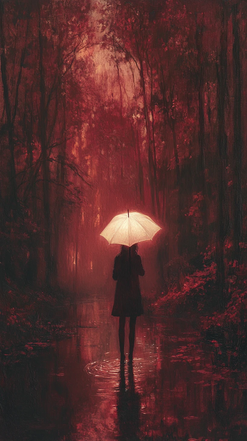 Figura solitaria con paraguas luminoso en un bosque rojo brumoso