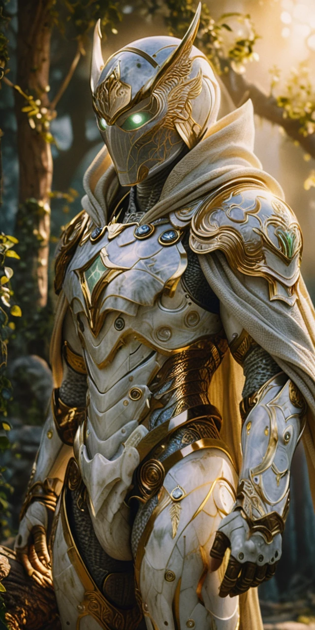 Quartz android druid leaning against a tree in ruins