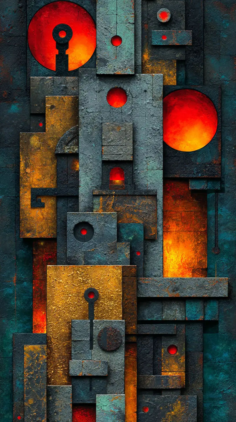 Abstract geometric structure with glowing red orbs on canvas