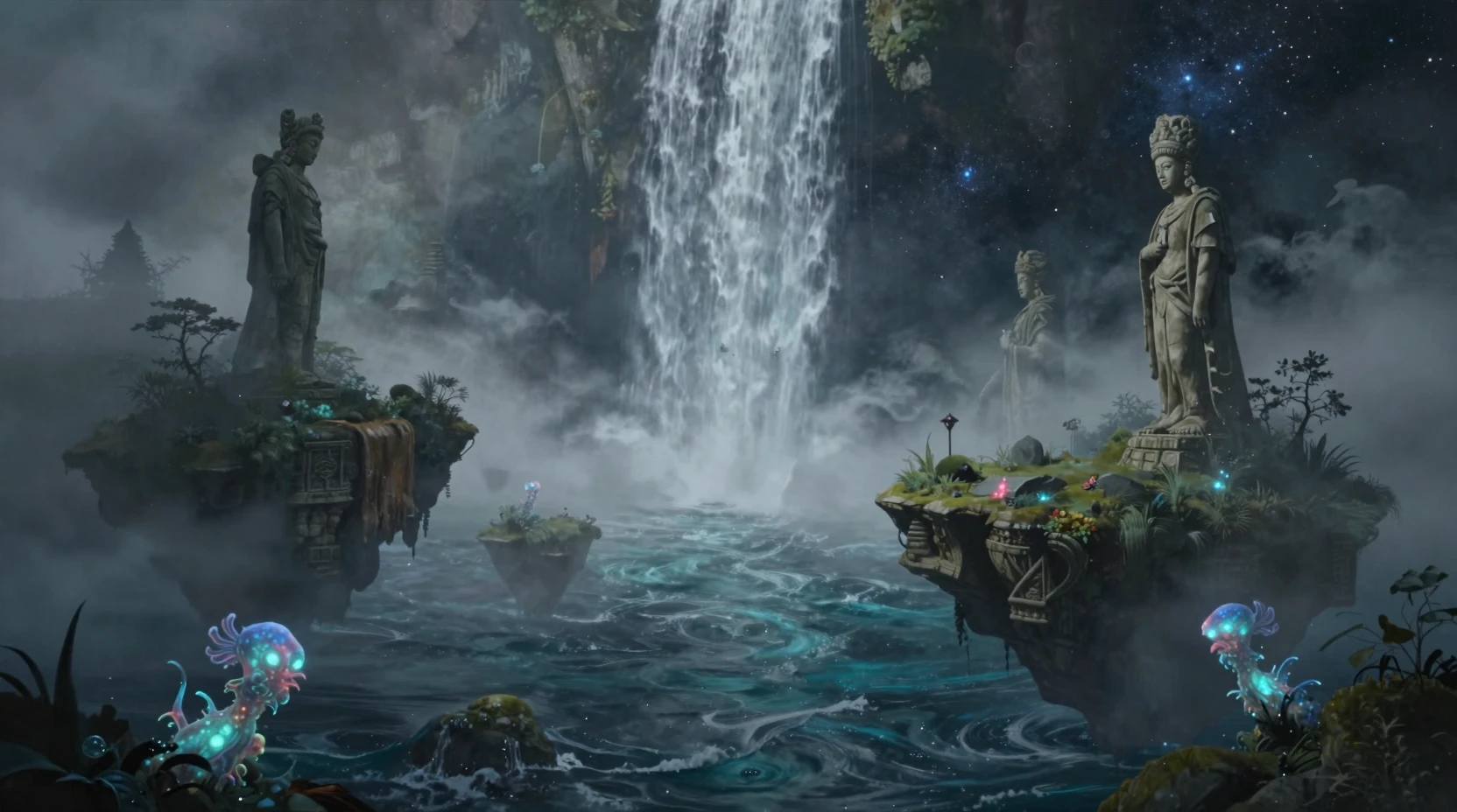 Floating islands above a swirling cosmic ocean