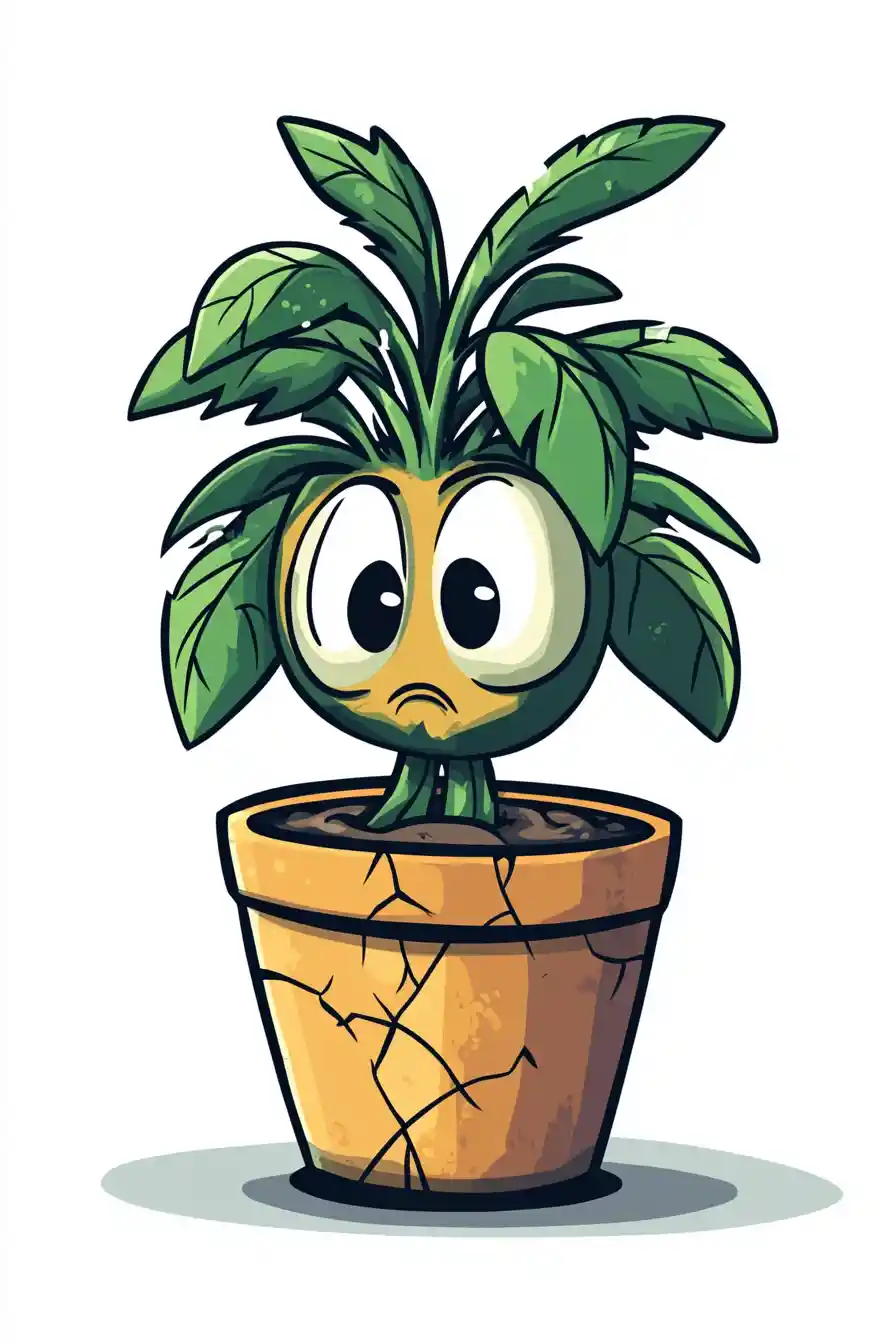Cartoon potted plant character under a dramatic spotlight