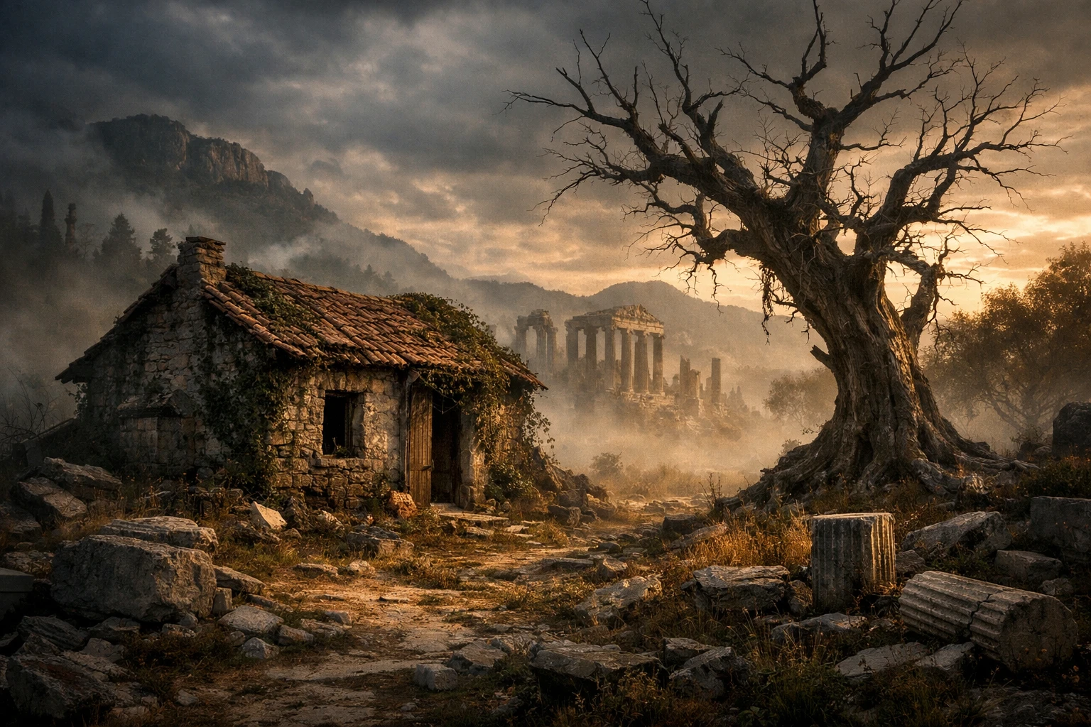 Cabaña solitaria en un paisaje antiguo y brumoso con un árbol