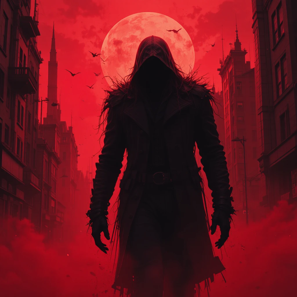 Shadowy figure crossing a city under a red blood moon