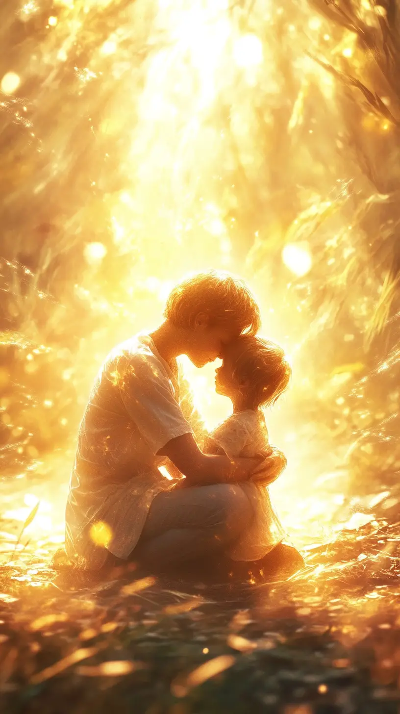 Adult embracing inner child in warm surreal light