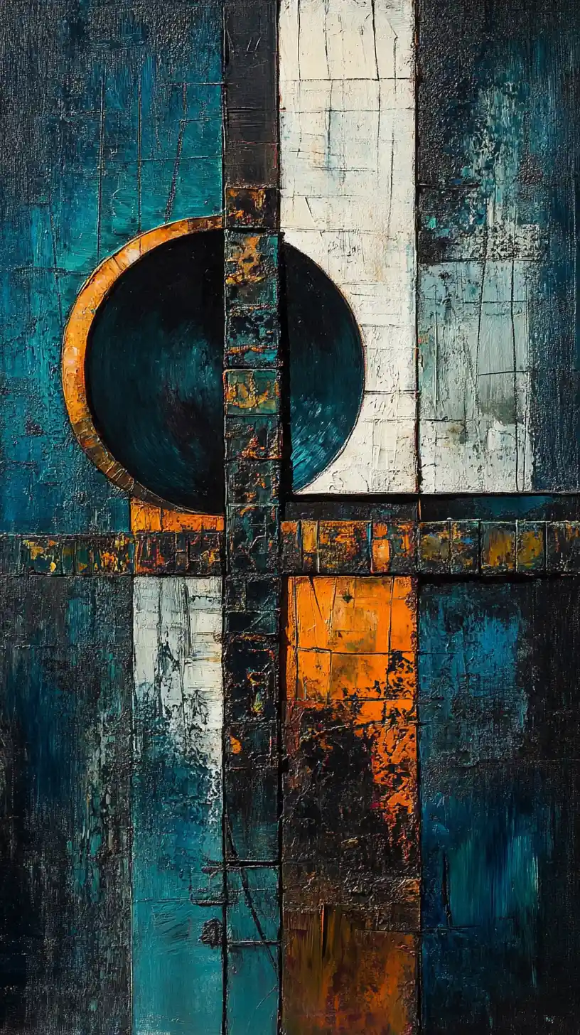 Textured geometric abstract painting with bold vertical forms