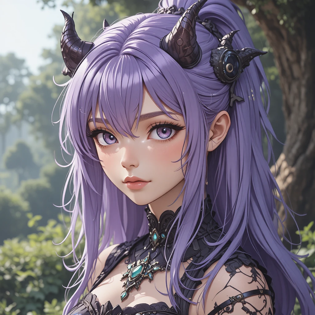 Young earth goddess girl with light violet hair and horns