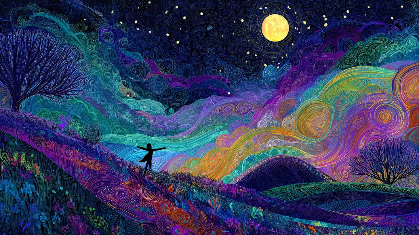 Lone dancer under a starry sky in dreamlike colors