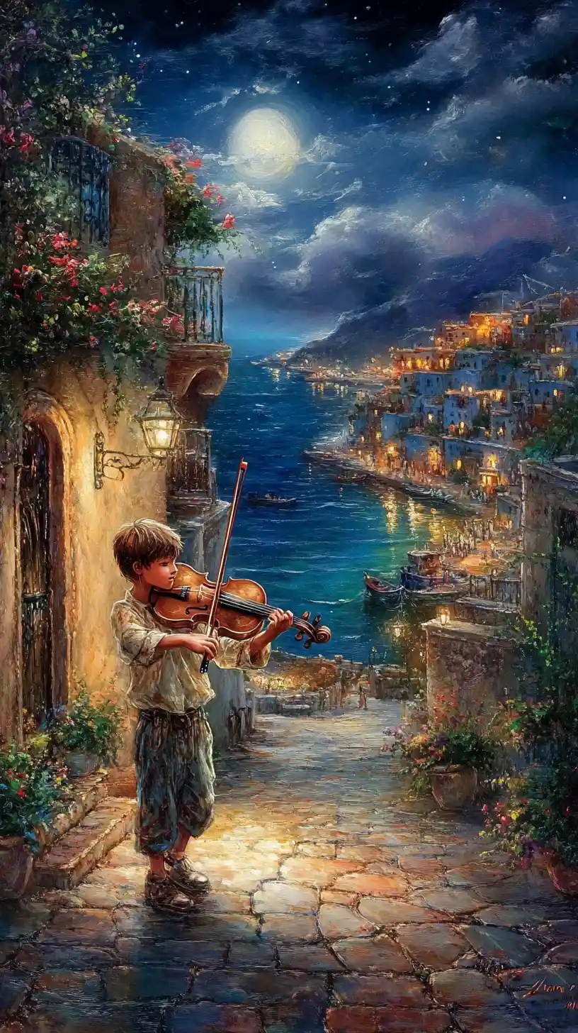 Ragazzo che suona il violino in una tranquilla strada marocchina di notte
