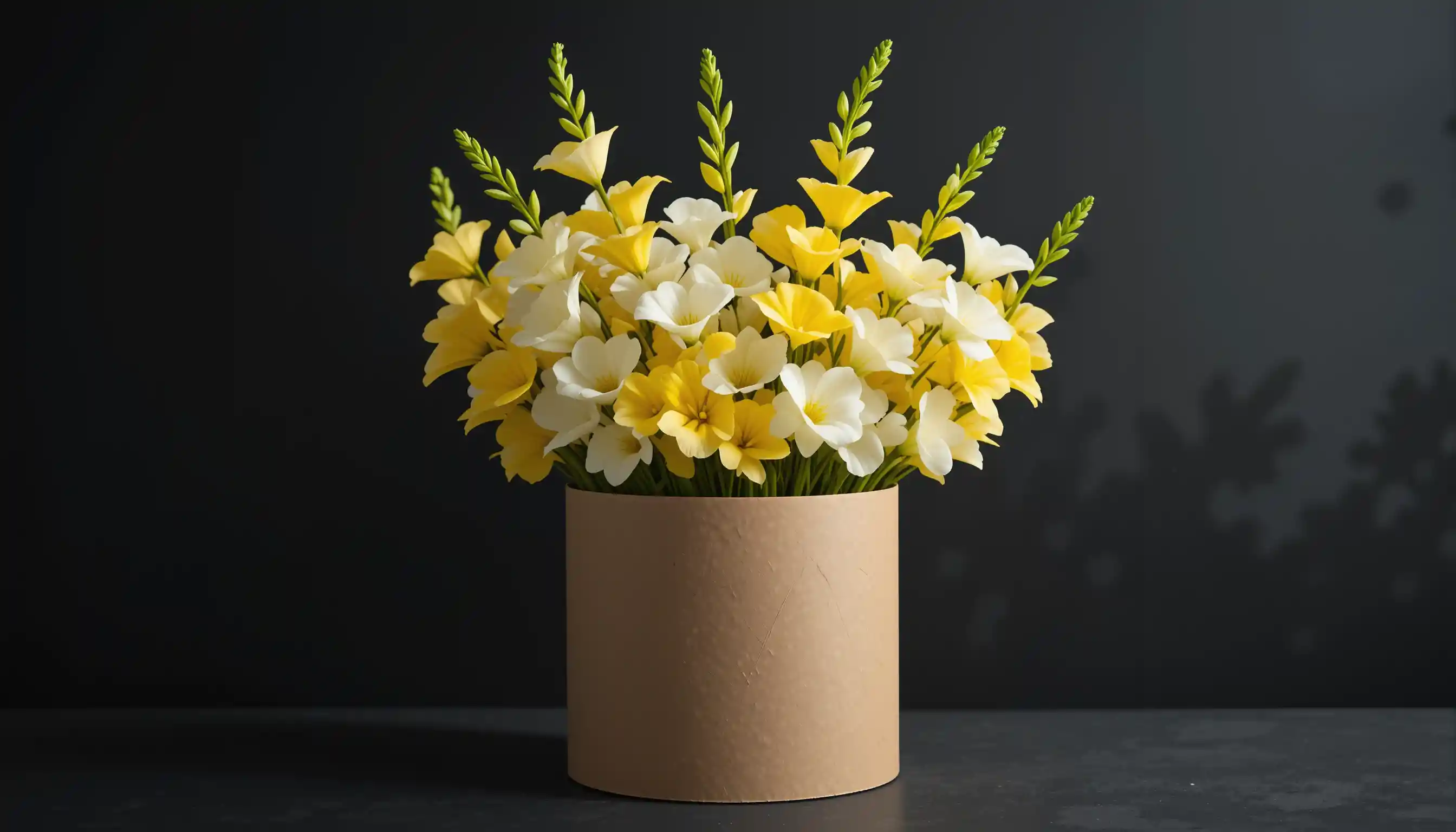 Elegant freesia bouquet in kraft paper against black background