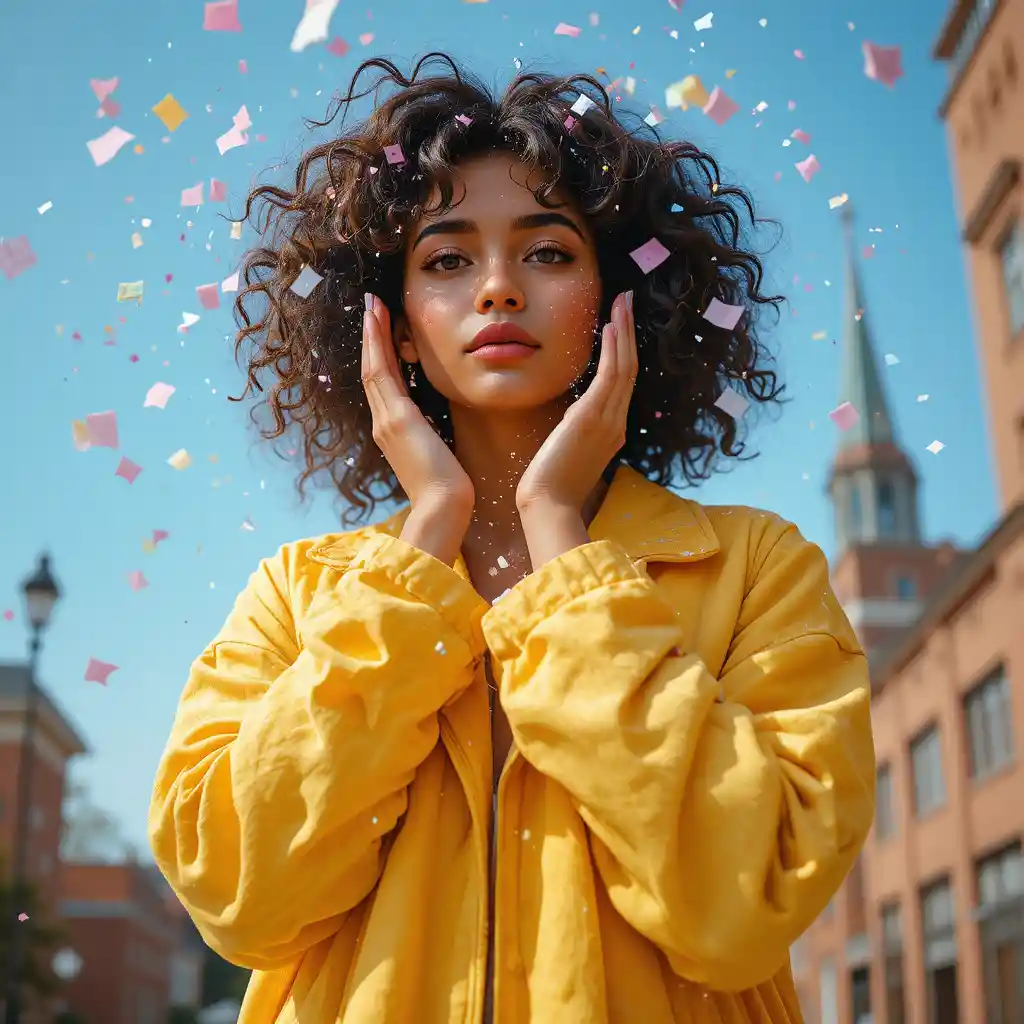 Woman in yellow jacket surrounded by pastel confetti
