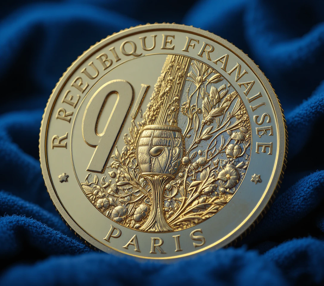 Macro gold coin close up on dark blue velvet background