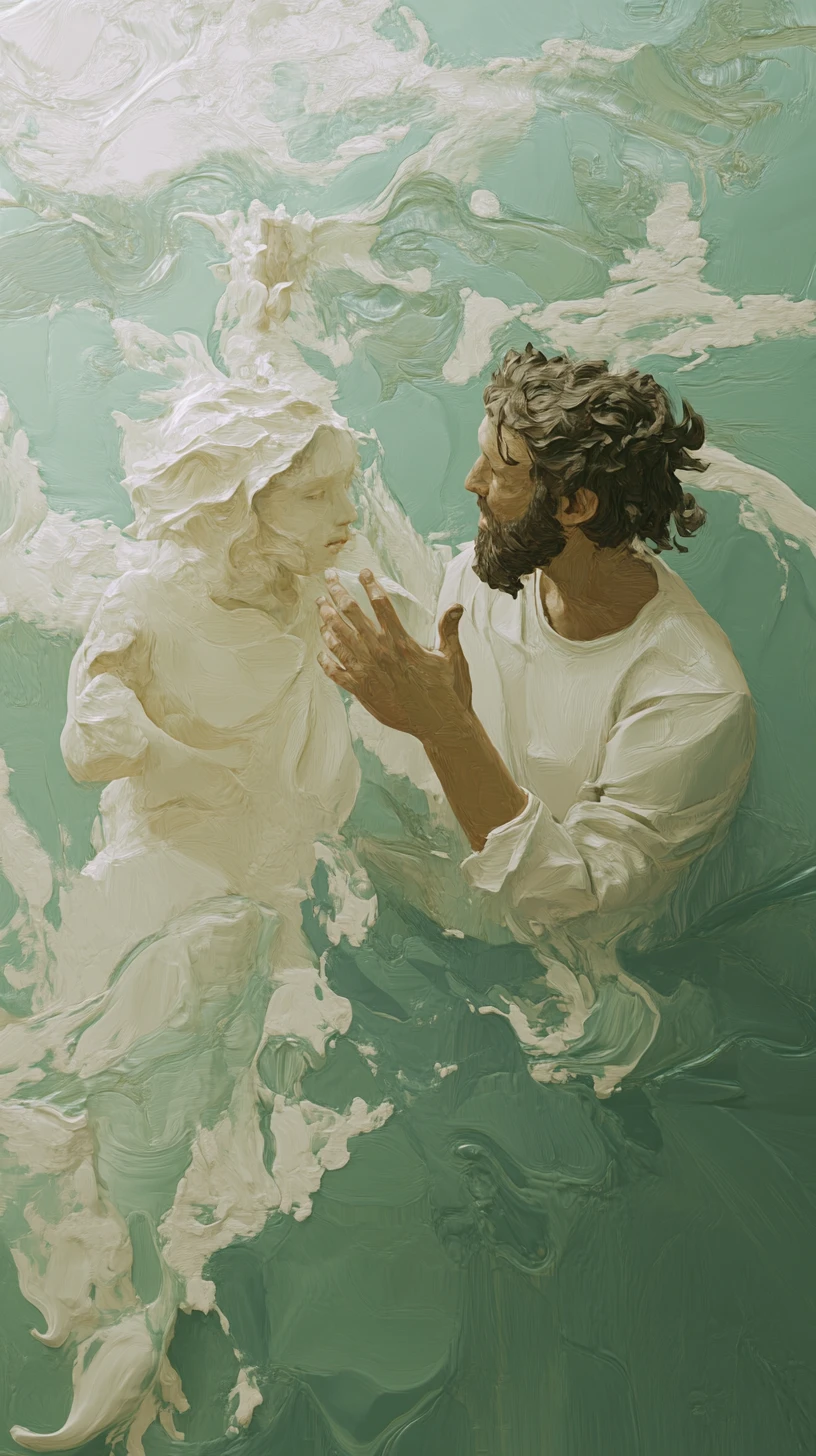 Impressionist painting of a man reaching toward a woman emerging from swirling teal and white waves