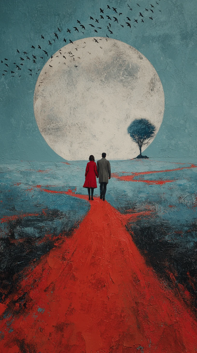 Couple Walking Toward A Pale Moon Over Shimmering Sea
