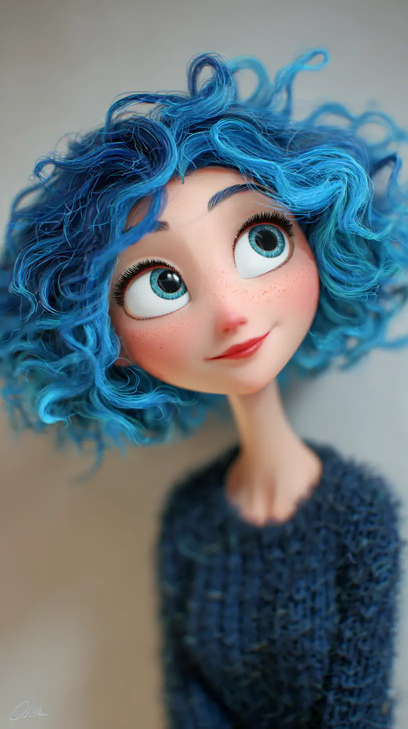 Wet blue haired woman with playful smiling face