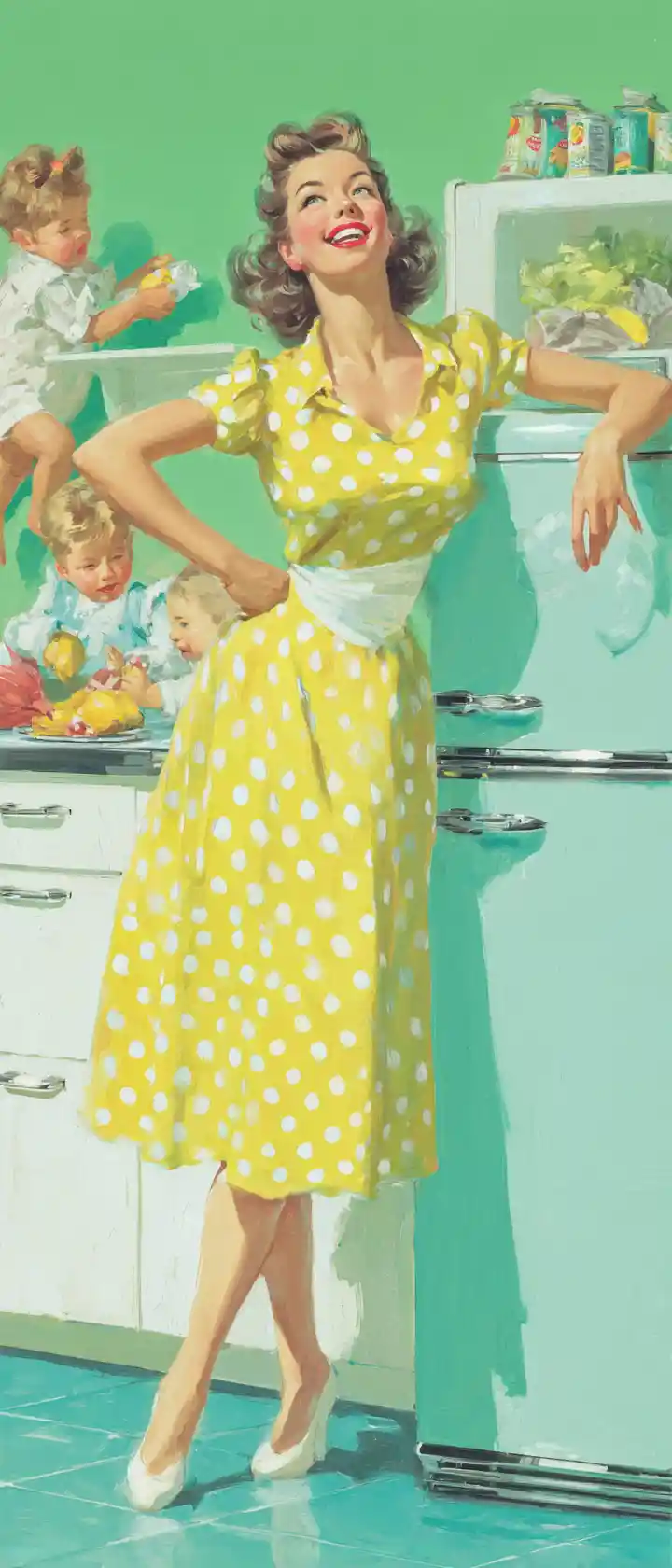 Anime housewife presenting a chrome refrigerator in kitchen