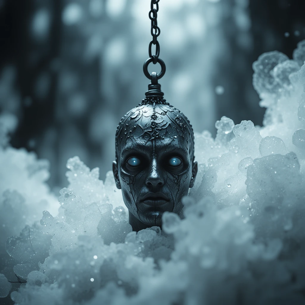 Ancient silver pendant hanging on a dark pine branch