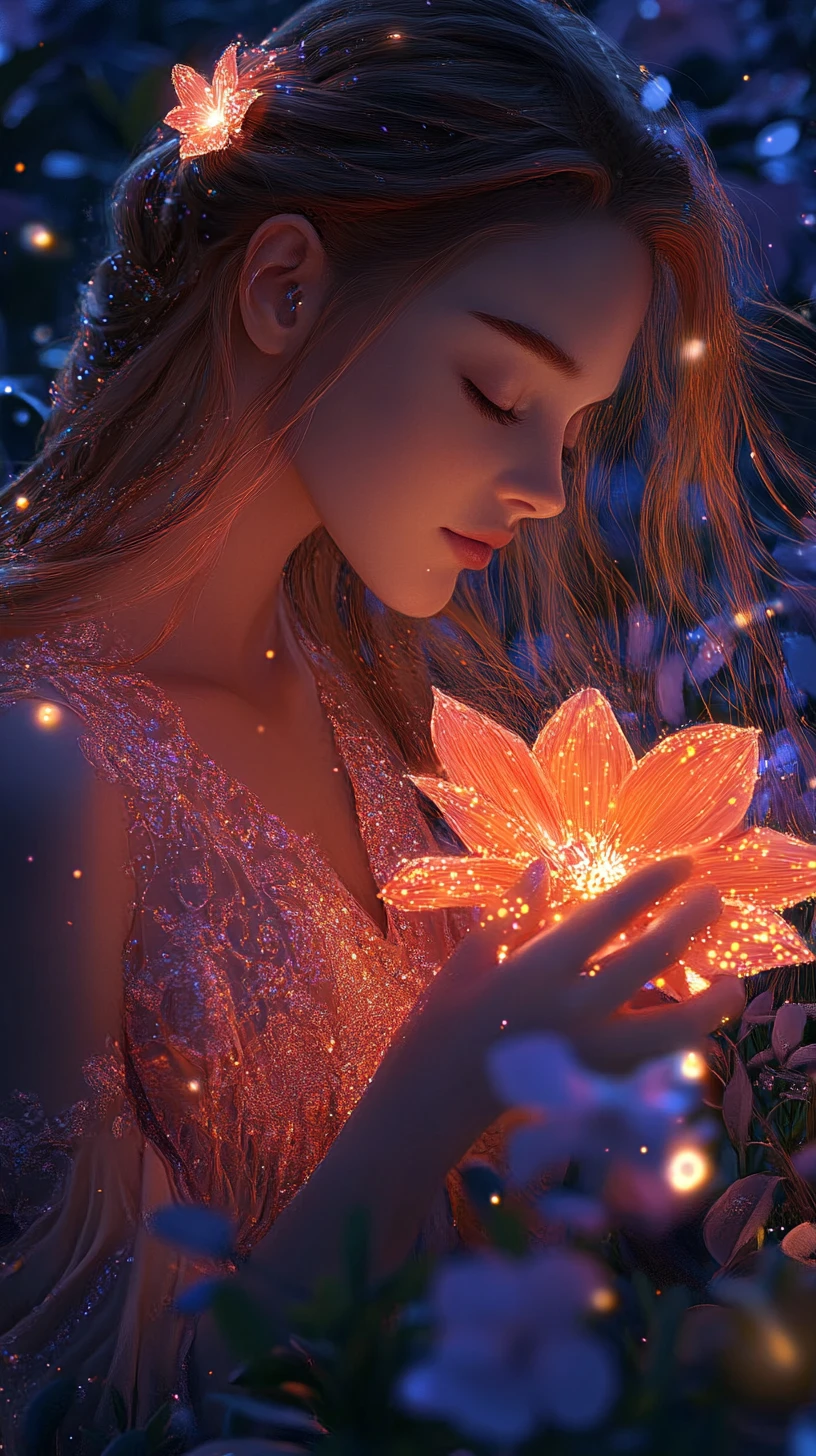 Ethereal girl holding glowing orange flower at night