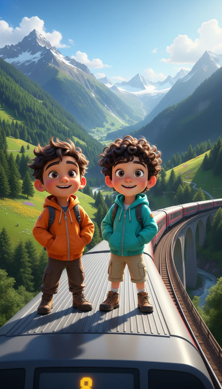 Personajes 3D sobre un tren a toda velocidad en los Alpes