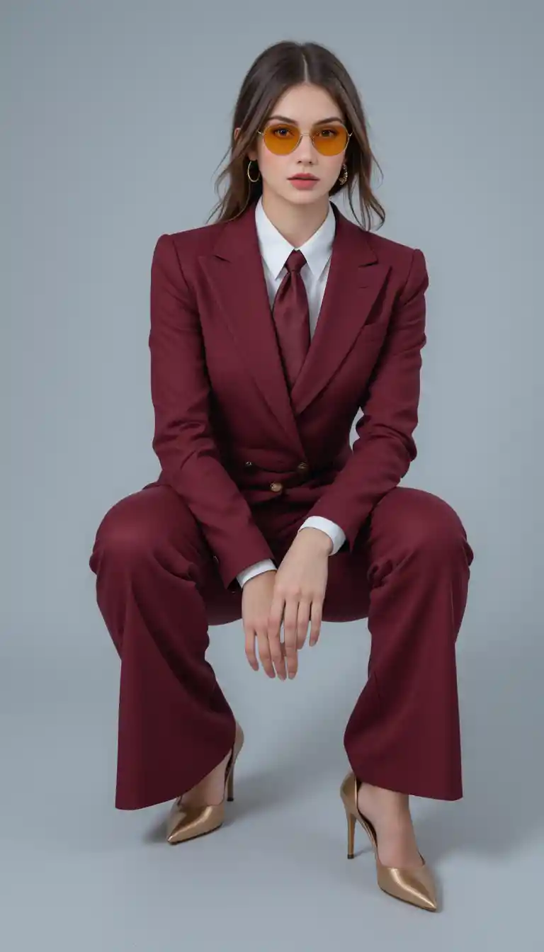 Woman in burgundy suit crouching in minimalist studio