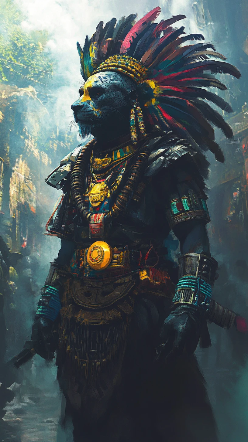 Avatar mítico de león maya elevándose en un reino de fantasía