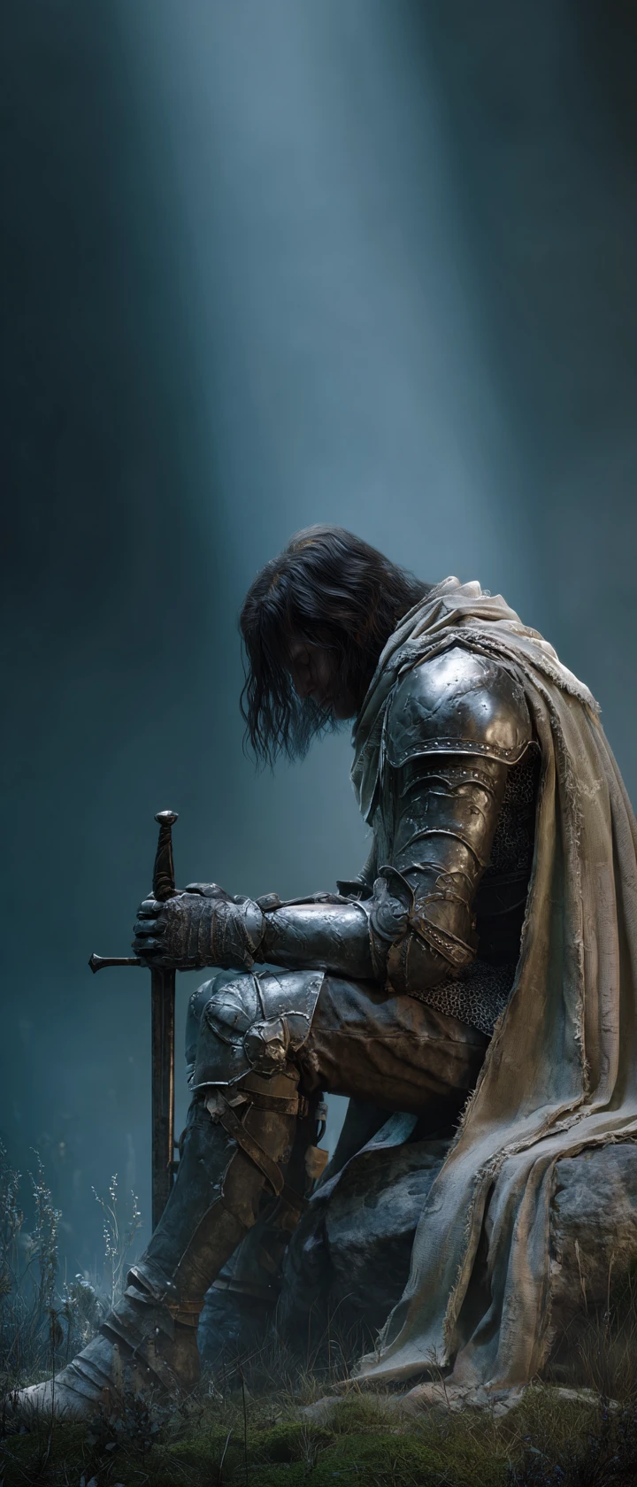Weary medieval warrior resting with sword on misty battlefield