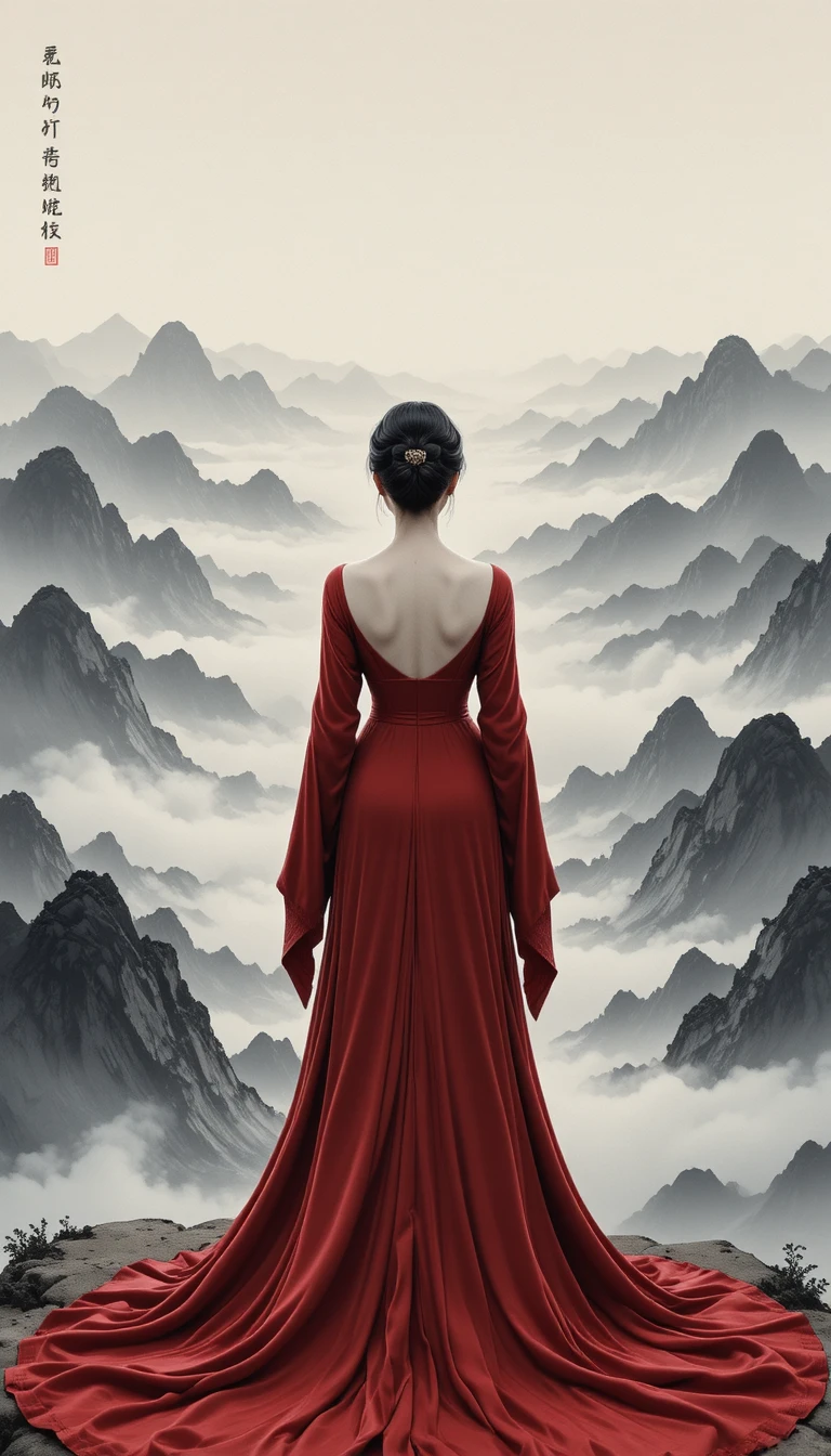 Mujer con vestido carmesí contemplando vastas montañas a tinta