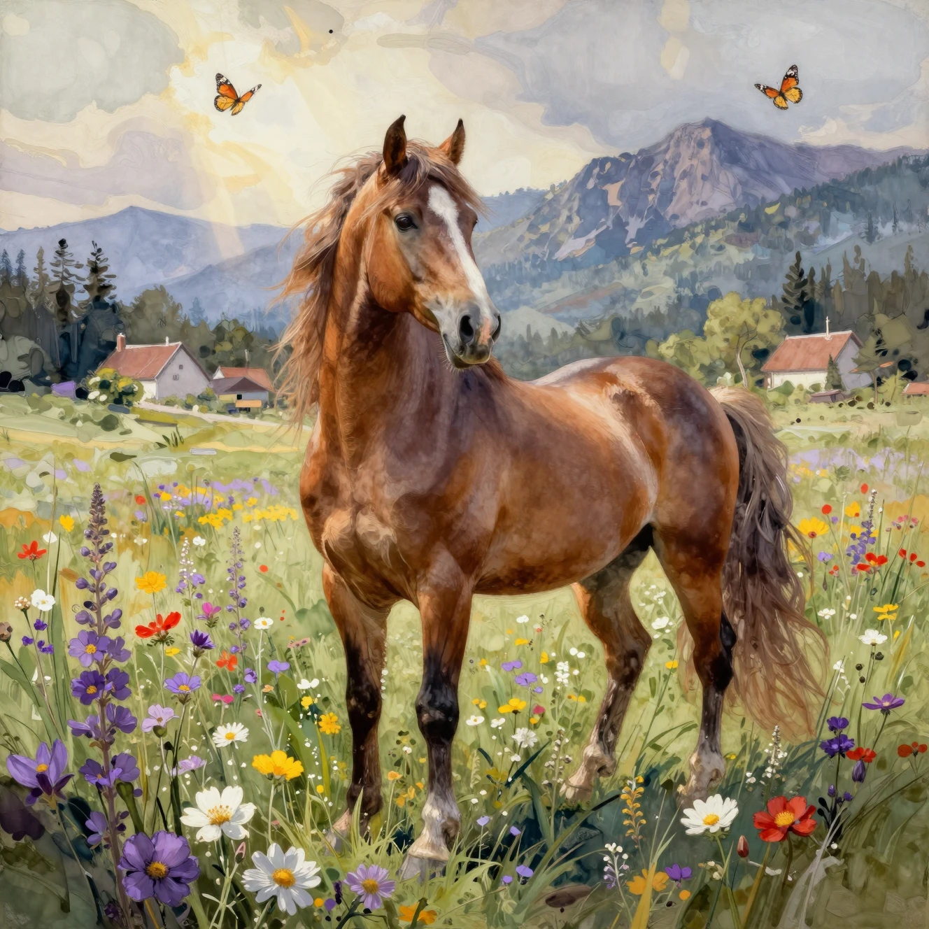 Étalon brun debout dans une prairie de fleurs sauvages – portrait