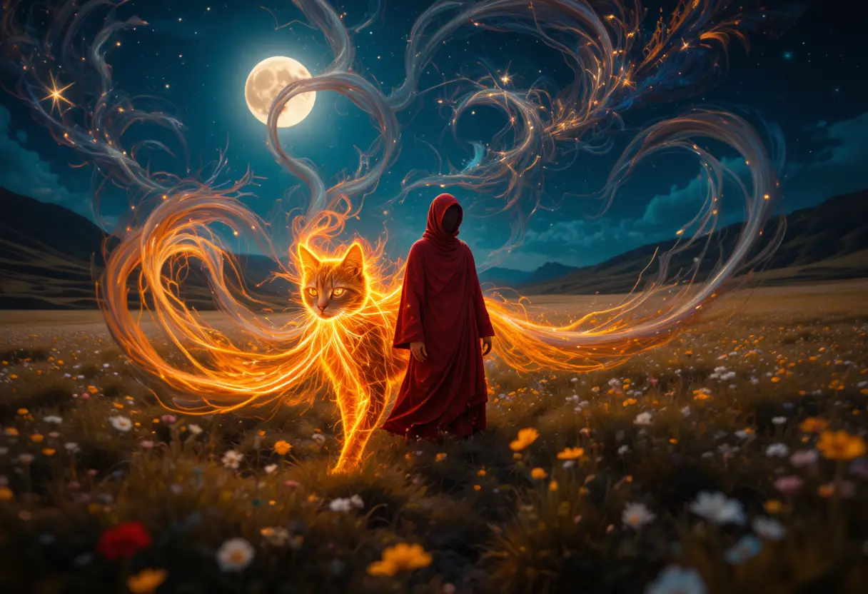 Mystical Fiery Cat With Monk In Golden Moonlit Meadow