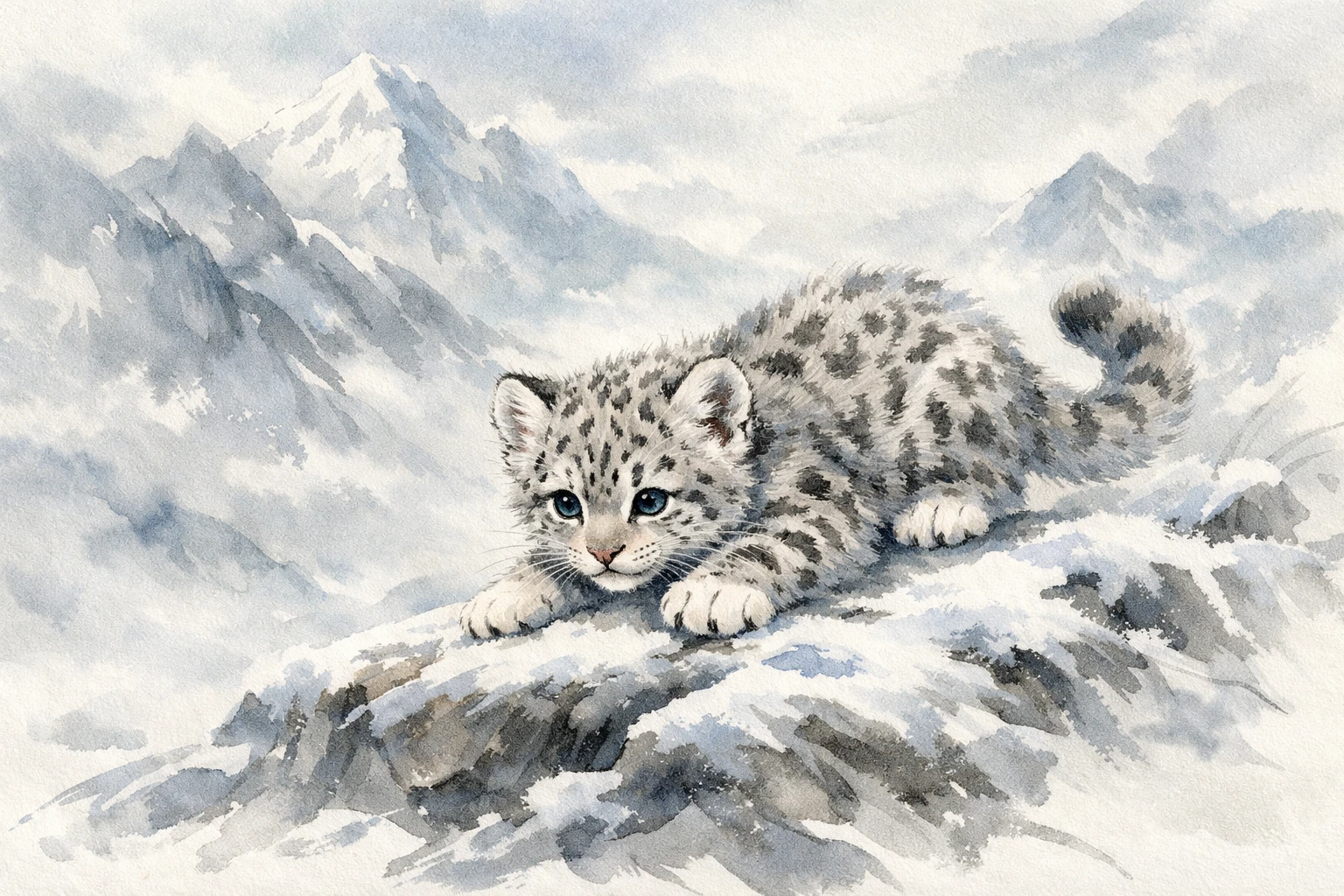 Playful snow leopard cub on snowy Himalayan mountain rocks