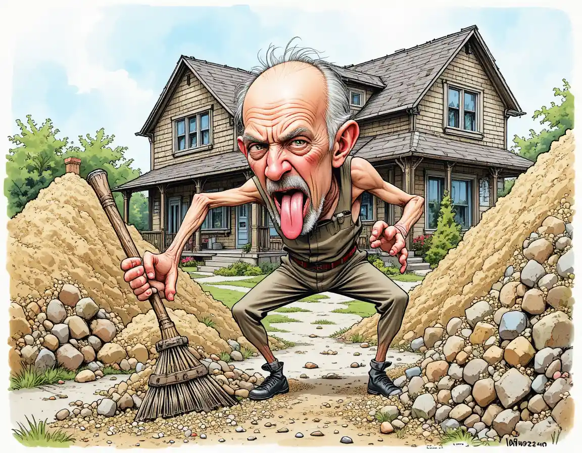 Elderly man spreading gravel with a broken rake