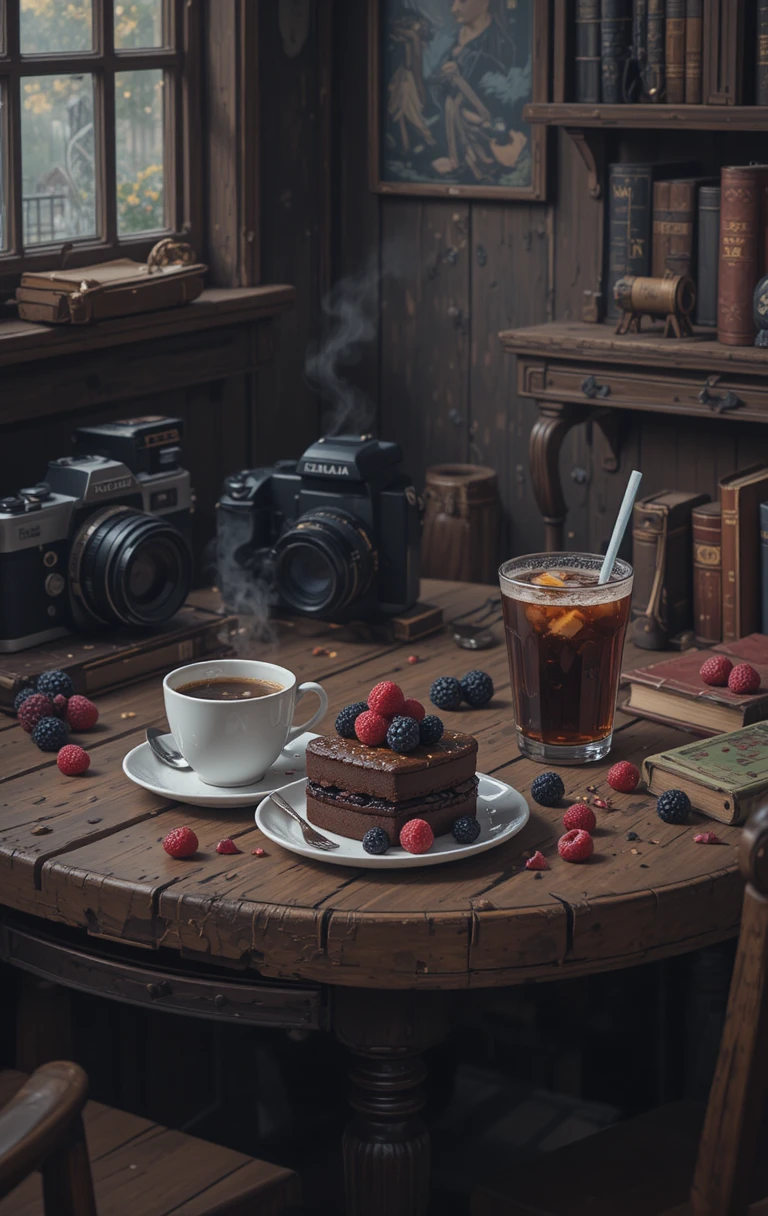 チョコレートケーキとコーヒーのある素朴なカフェテーブル
