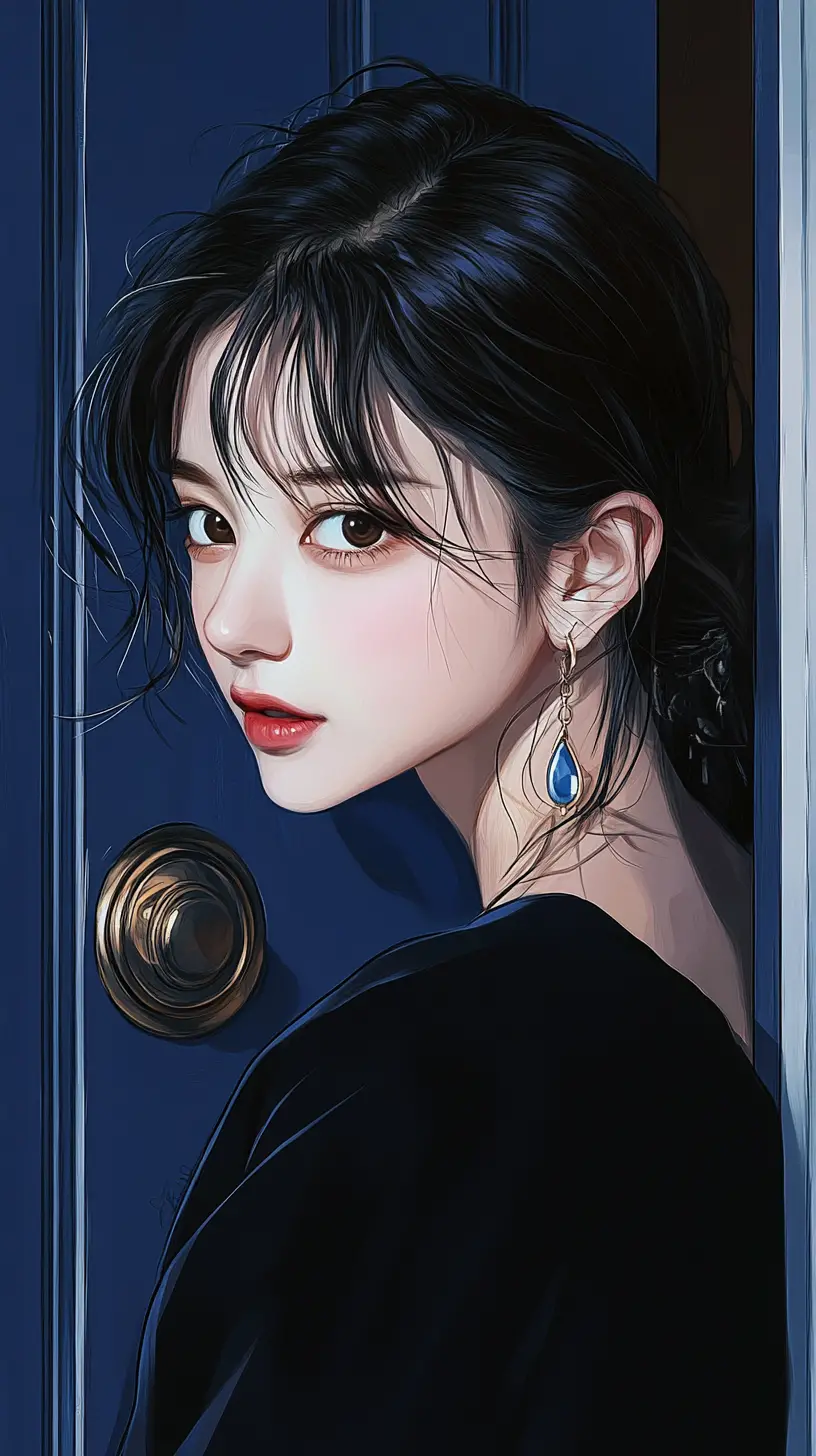 Smiling young woman peeking from behind a dark blue door