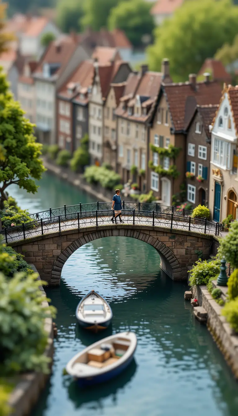 Serene European canal with bridge houses and passing girl