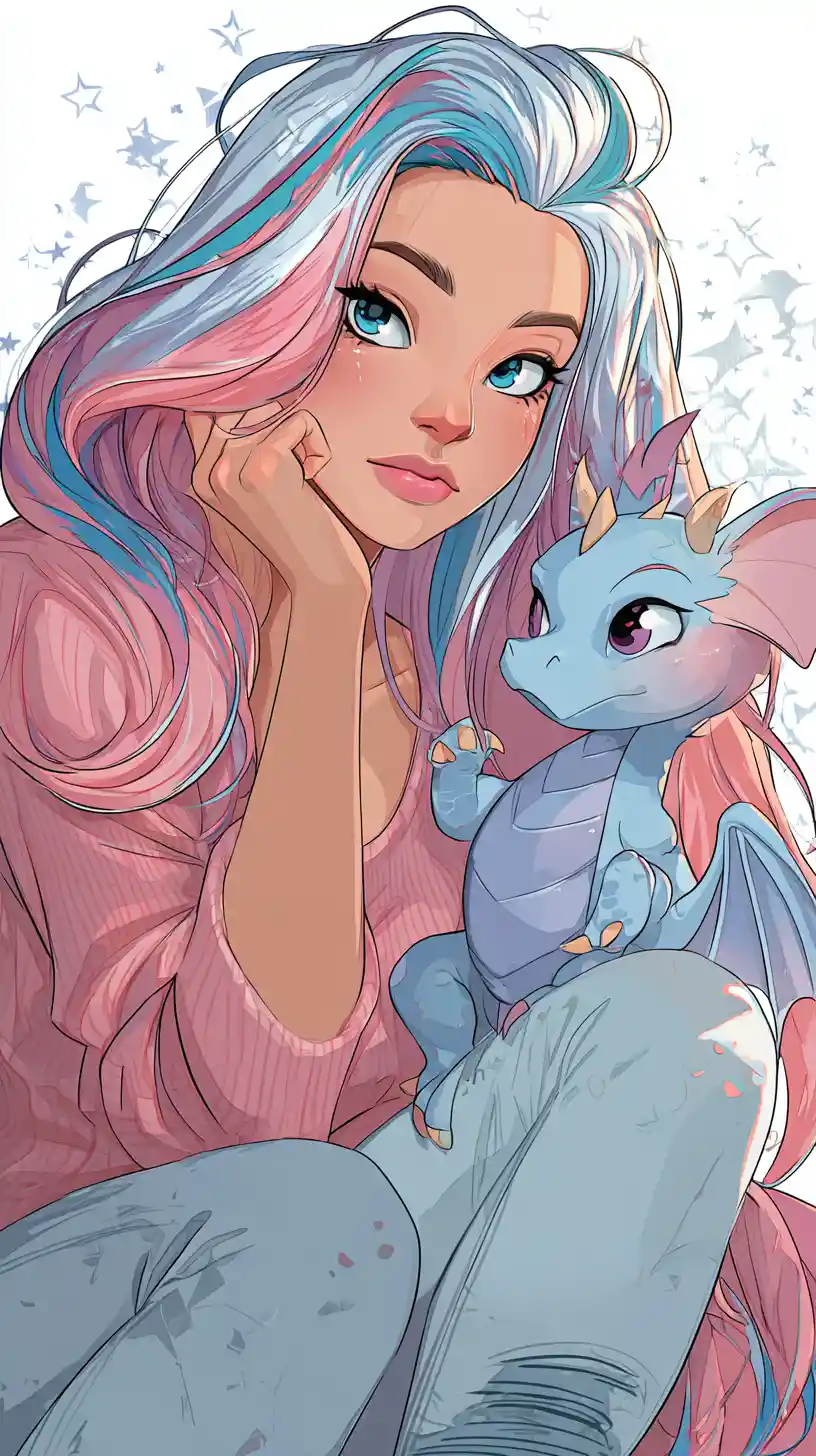Anime fairy girl posing with a small pet dragon