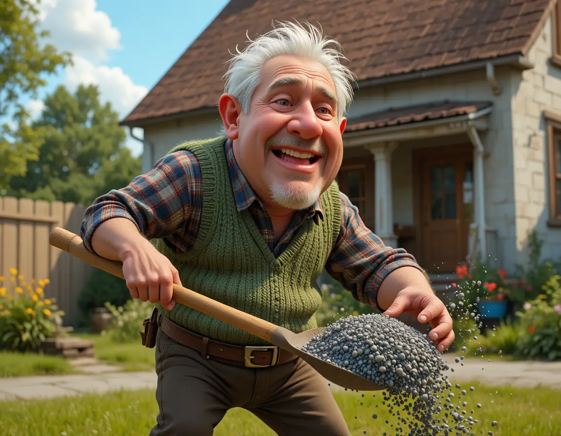Cartoon grandfather shoveling gravel by an old country house