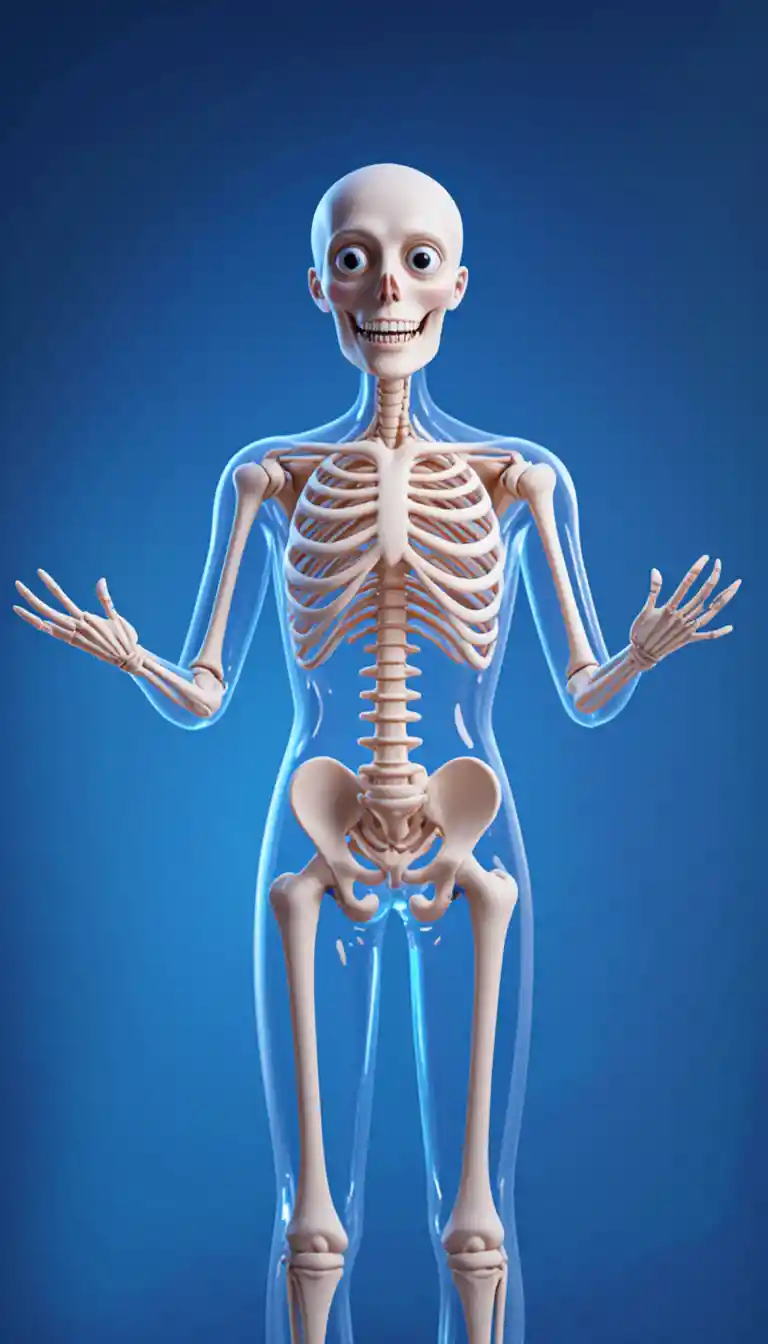 정면 전신 뷰에서 가르치는 3D 해부학적 해골 캐릭터