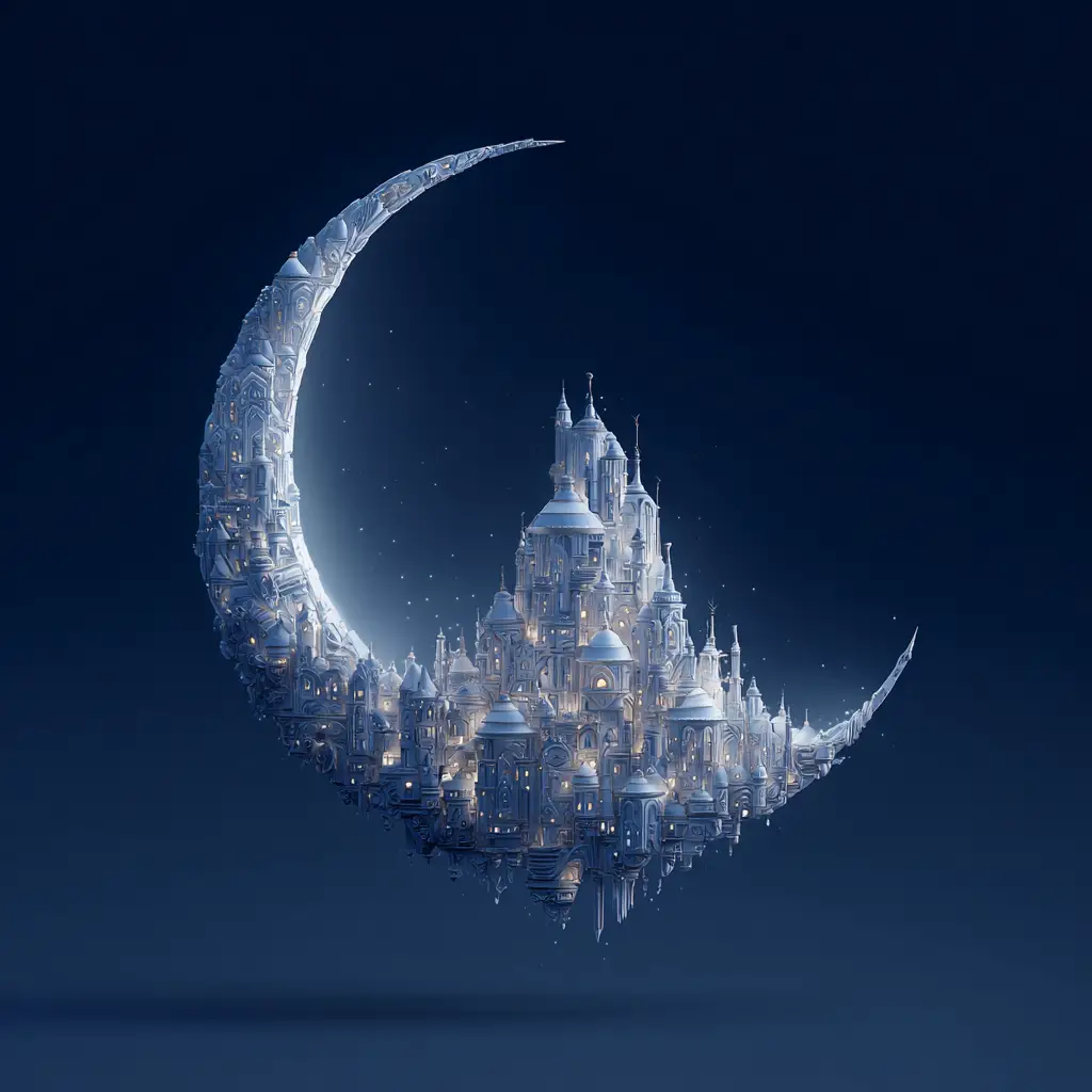 Dreamlike Moonstone City Floating Above A Serene Lunar Crescent