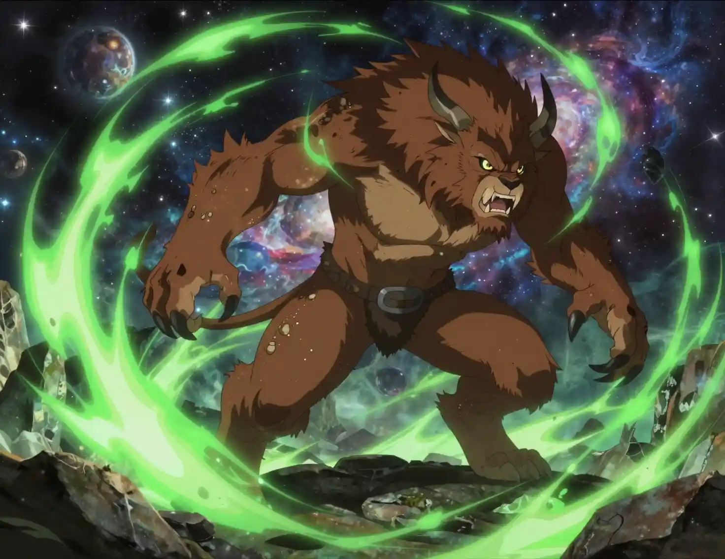 Feral fantasy beast lunging through glowing cosmic energy