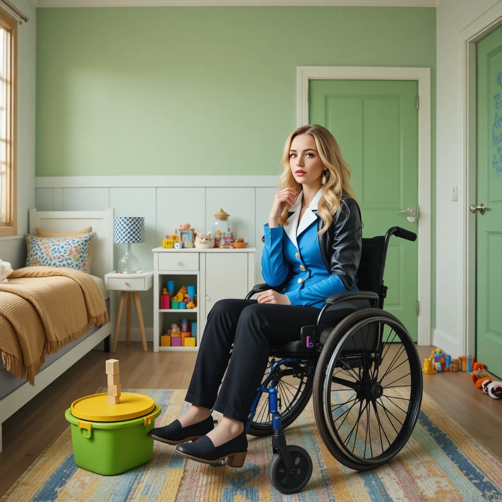 Joven en silla de ruedas posando en una colorida habitación infantil