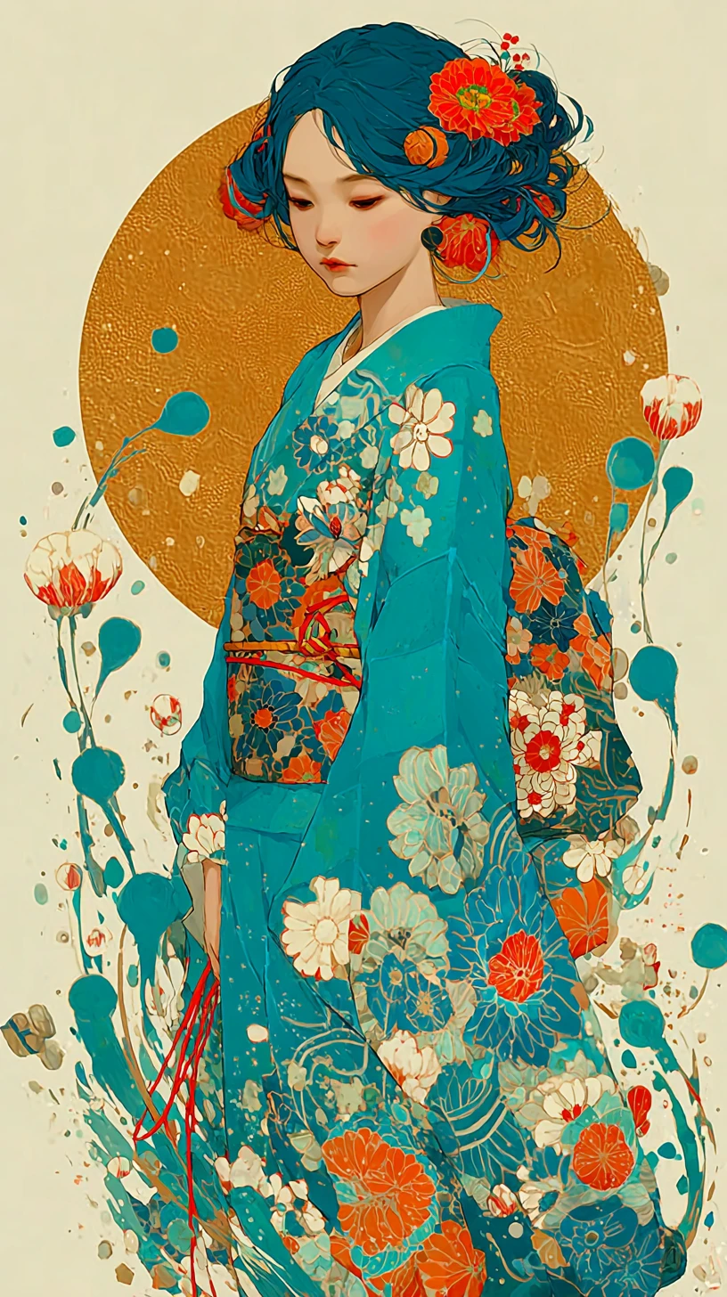 Mujer japonesa con kimono verde azulado y luna creciente dorada